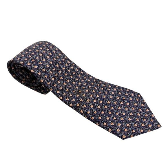 Hermes Paris Men's Blue Honeycomb Hearts Abstract Pattern Silk Necktie - Picture 9 of 9